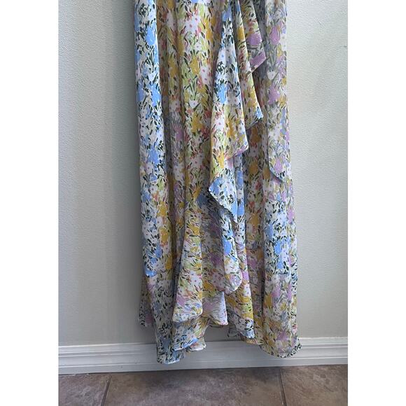 Womens Floral Ivory Mango Multicolor 16 Ruffle Maxi Cocktail Dress Wedding Guest - Picture 8 of 10